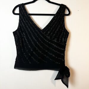 Jkara New York Black Beaded V-neck Top Blouse Shirt Tie Bow Women’s M